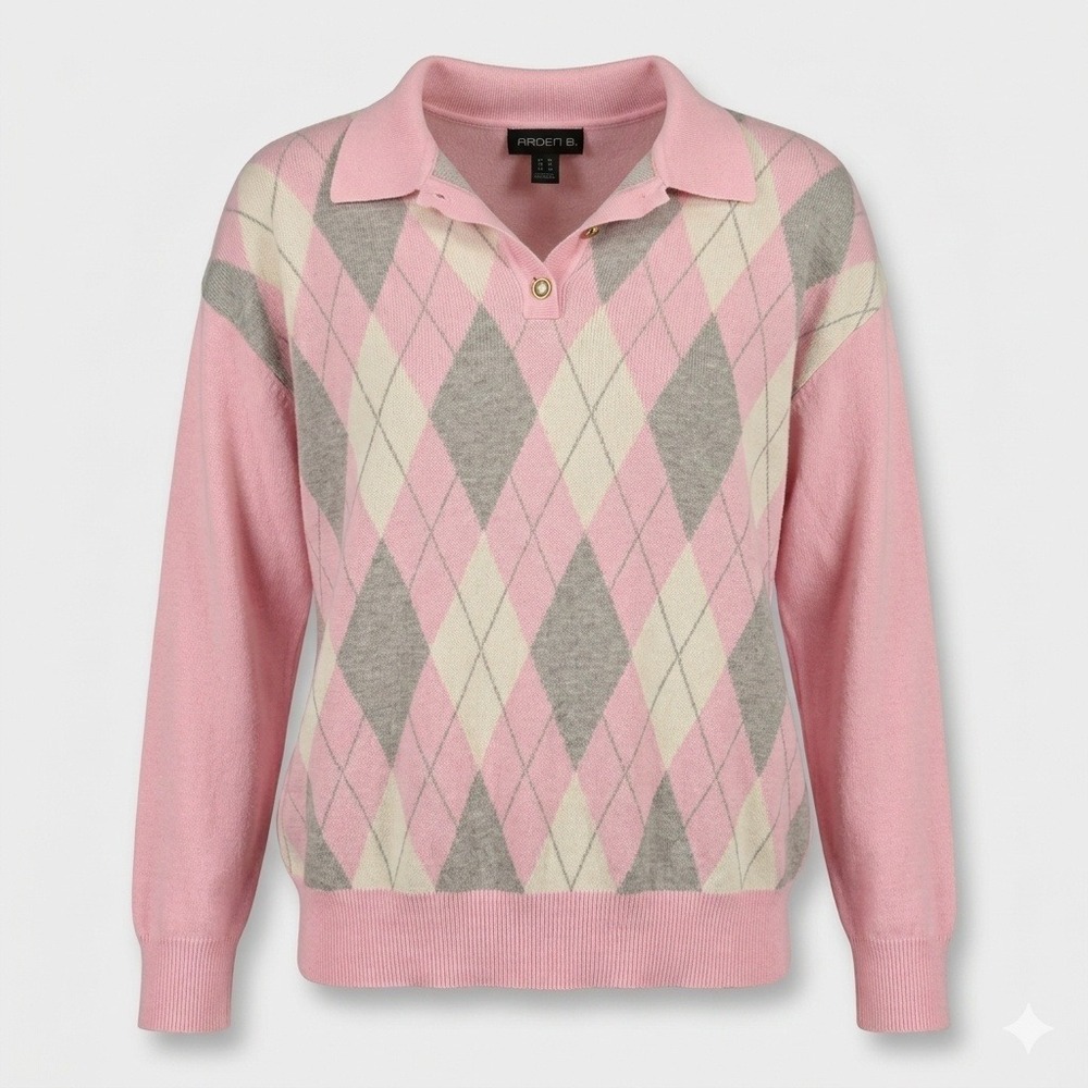 Vintage Arden B Y2K Pink Argyle Polo Sweater Knit Size M Preppy Coquette